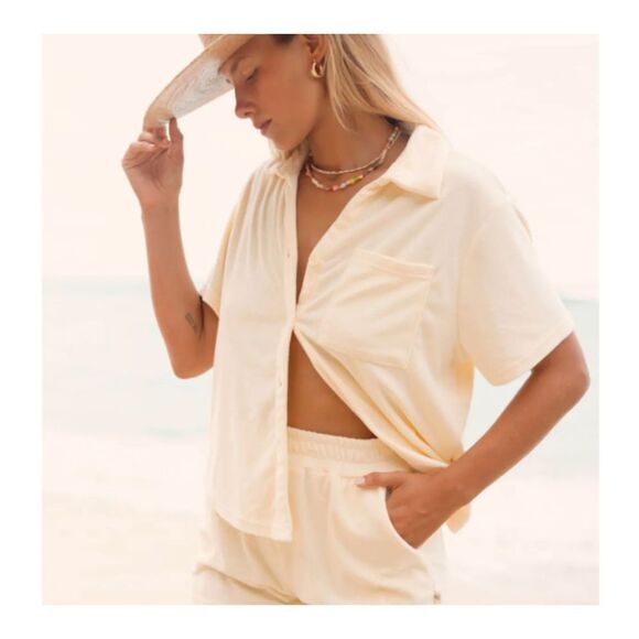 ARAMINTA JAMES Terry Button Down in Pale Yellow Sz Small - Picture 1 of 5